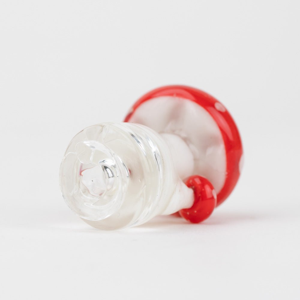 Bottom view of the red mushroom Puffco Pivot glass mouthpiece from Empire Glassworks
