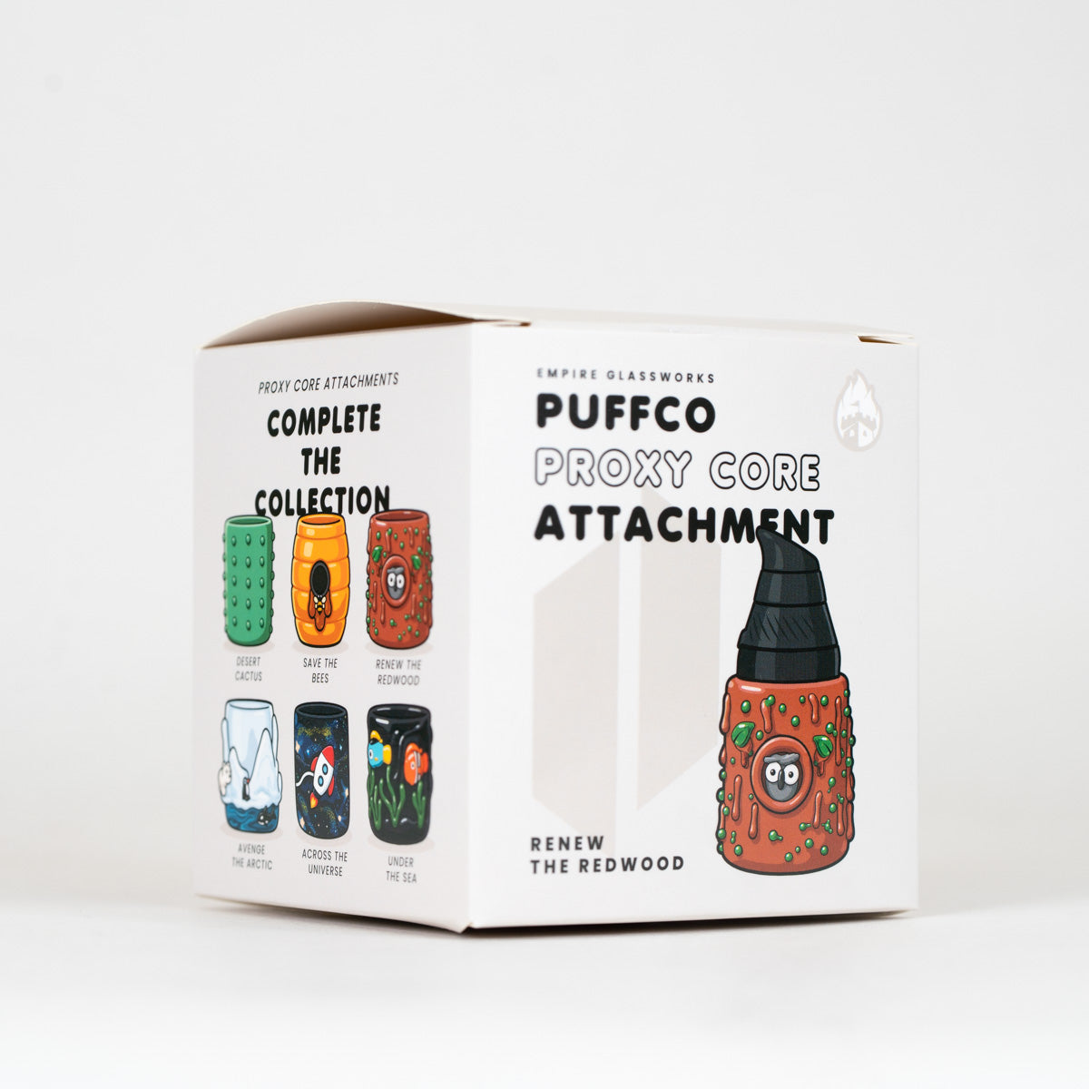 Packaging for the Puffco Proxy redwood glass attachment with sculpted owl tree hollow detail