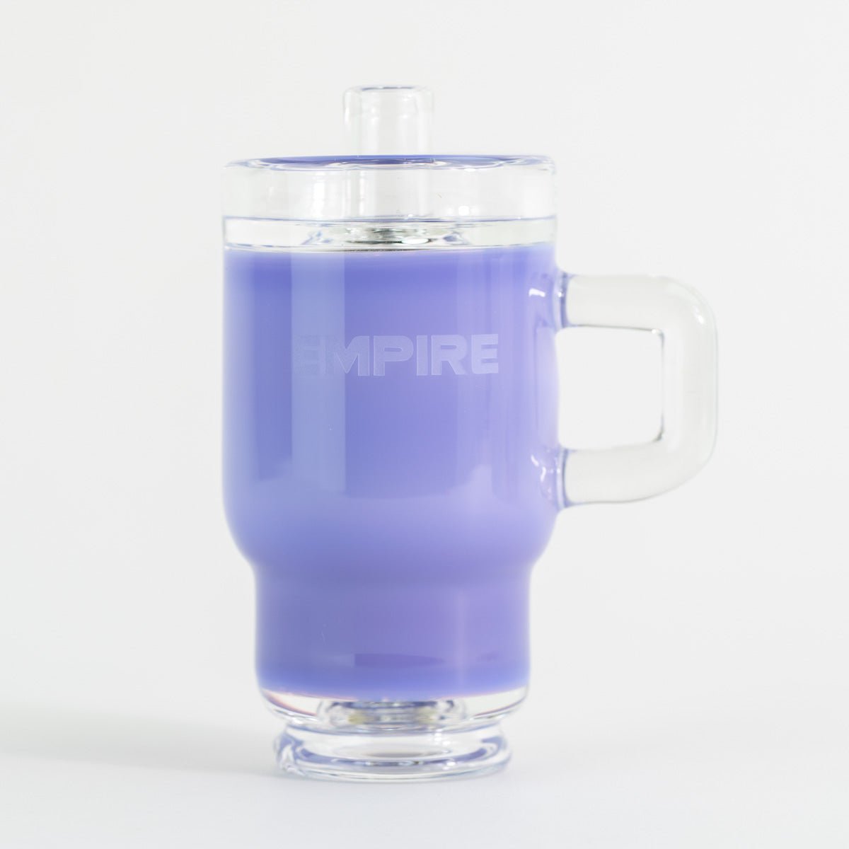 Purple tumbler bottle Puffco Peak glass attachment with clear handle and lid detail