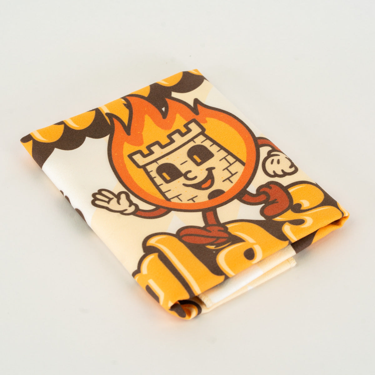 Retro style Empire Glassworks shop rag with orange lettering and cream background