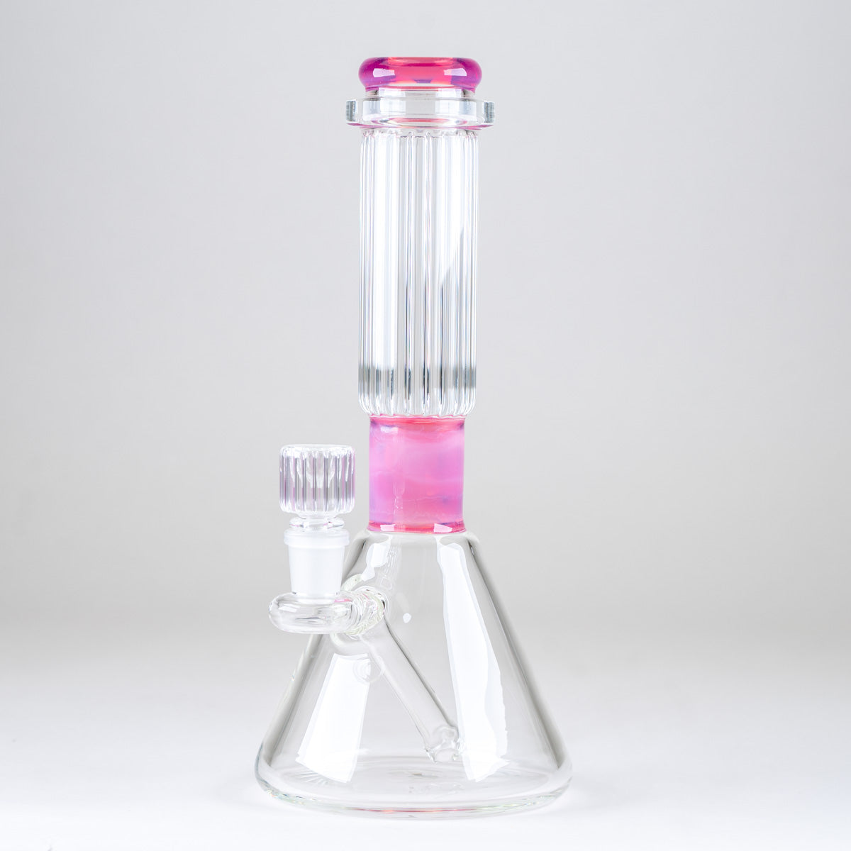 Side view of the Rosaline Signature Beaker Bong showcasing its pink comfort rim, opalescent neck accent, and integrated downstem