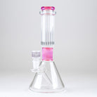 Side view of the Rosaline Signature Beaker Bong showcasing its pink comfort rim, opalescent neck accent, and integrated downstem