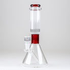 Reverse side view of the Ruby Signature Beaker Bong showing its ribbed glass neck, red accents, and integrated downstem