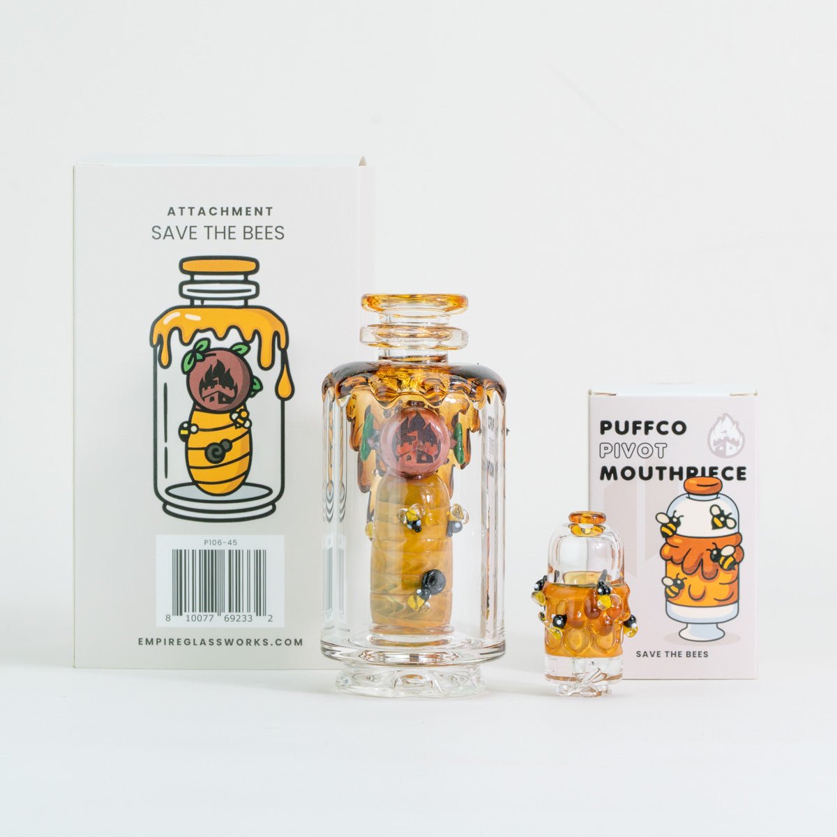 Save the Bees Puffco Peak glass attachment and Pivot mouthpiece shown with original packaging