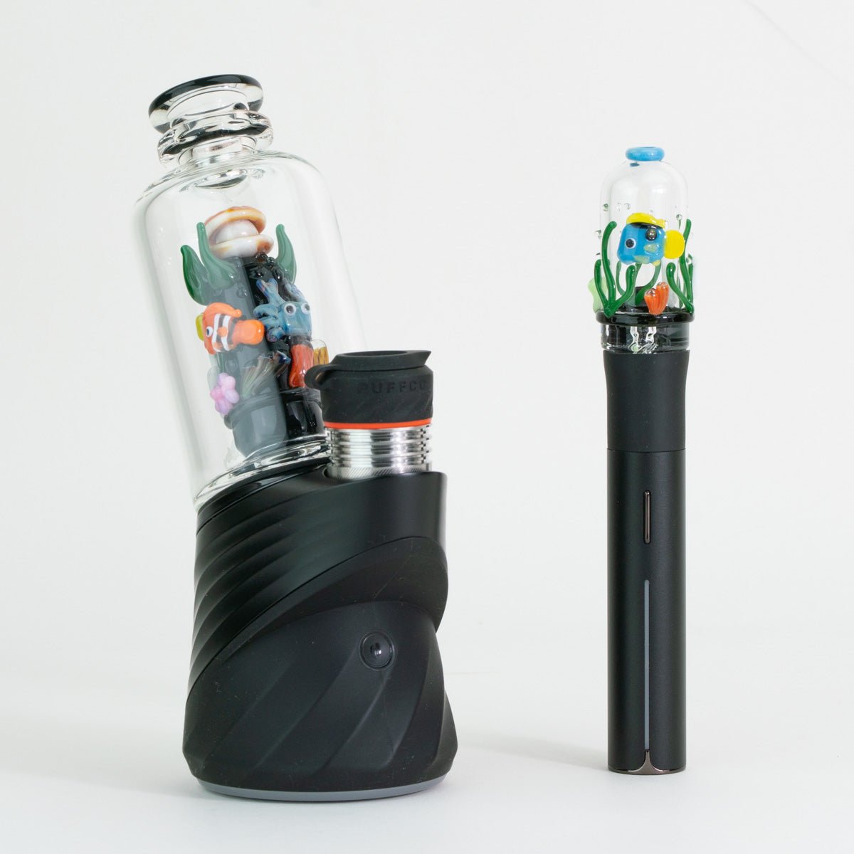 Save the Seas Puffco Peak glass attachment and matching Pivot mouthpiece displayed on Puffco device