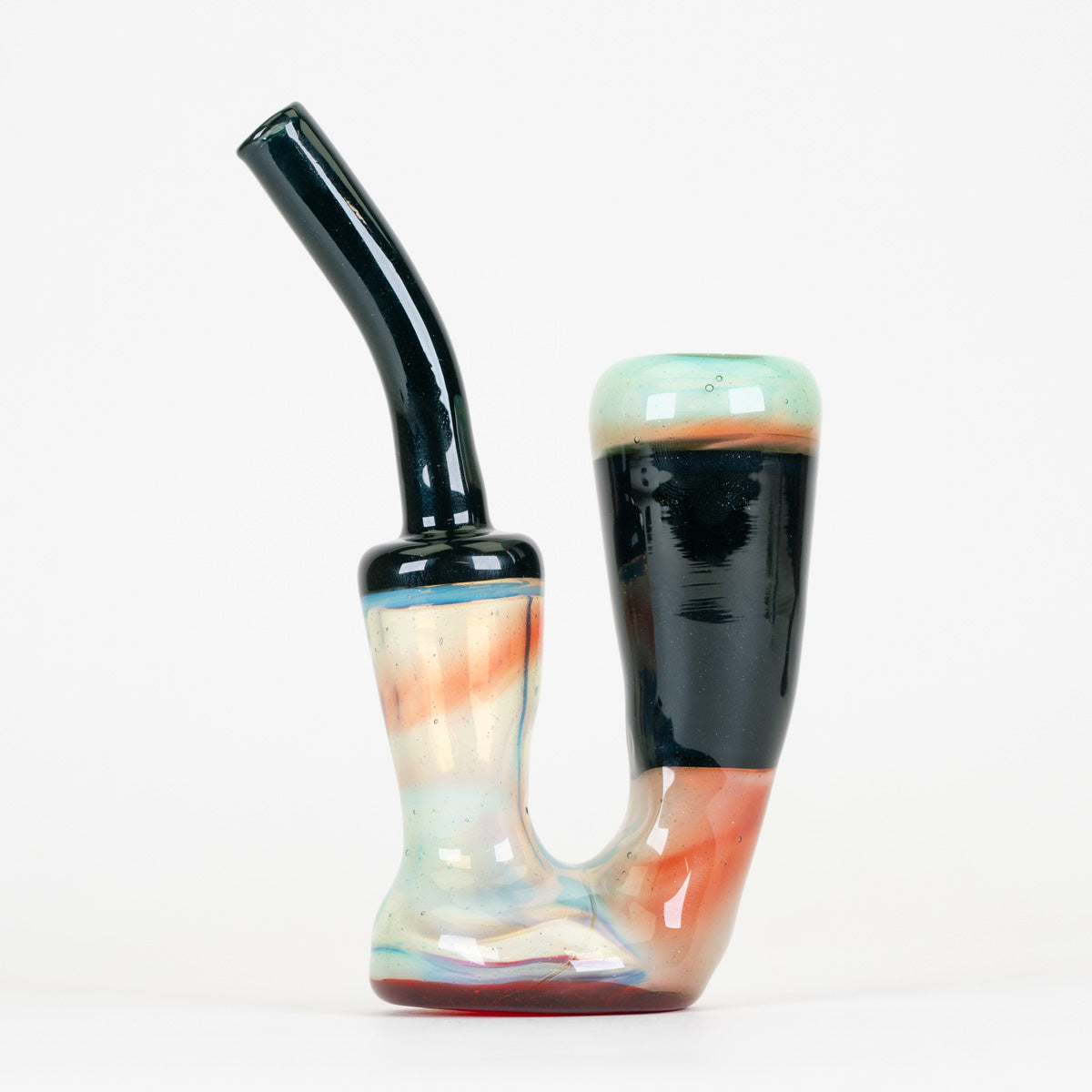 Standing Sherlock glass pipe with pale aqua, blush, and dark glass accents