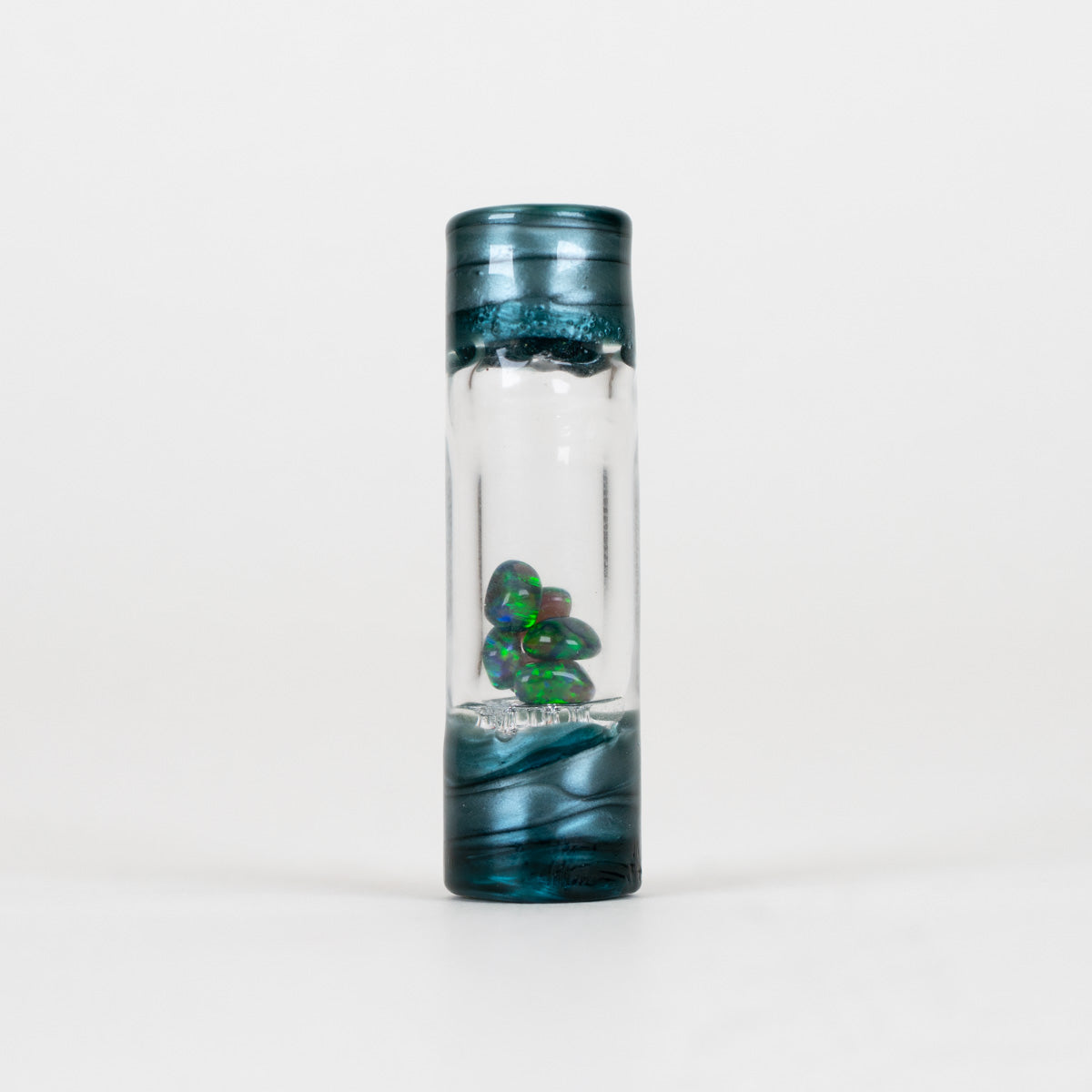 Tony Kazy Glass Cerulean Sea rolling tip with blue-green glass and green opal chunks