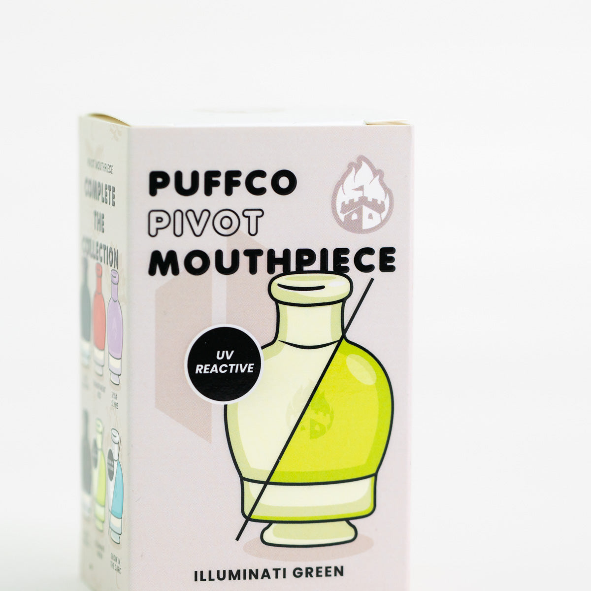 Front view of the UV Illuminati Puffco Pivot glass mouthpiece packaging