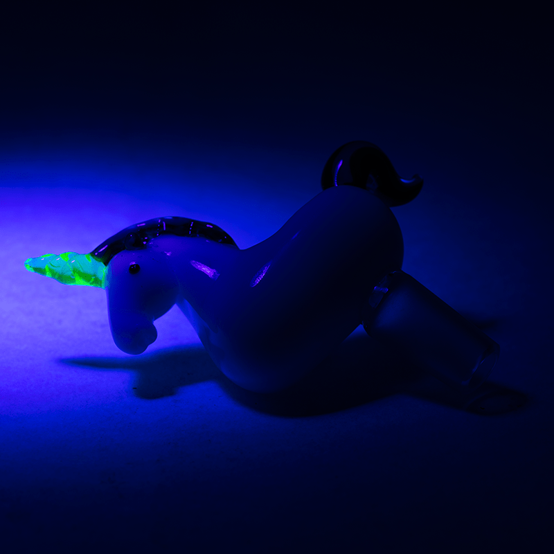 Close-up of the translucent sculpted horn on the UV Unicorn Bowl