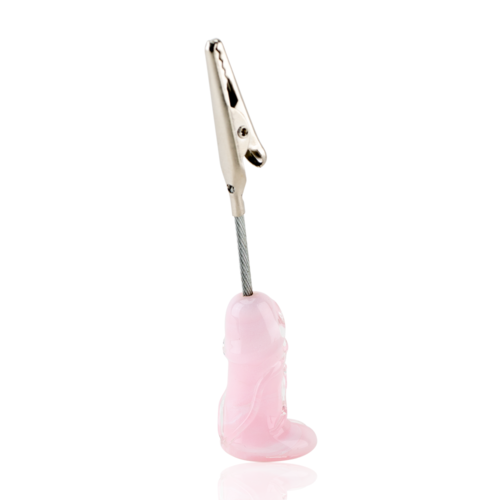 A roach clip shaped like a penis, used to hold joints. The penis base is pink with veins and the joint holder is made of metal. 