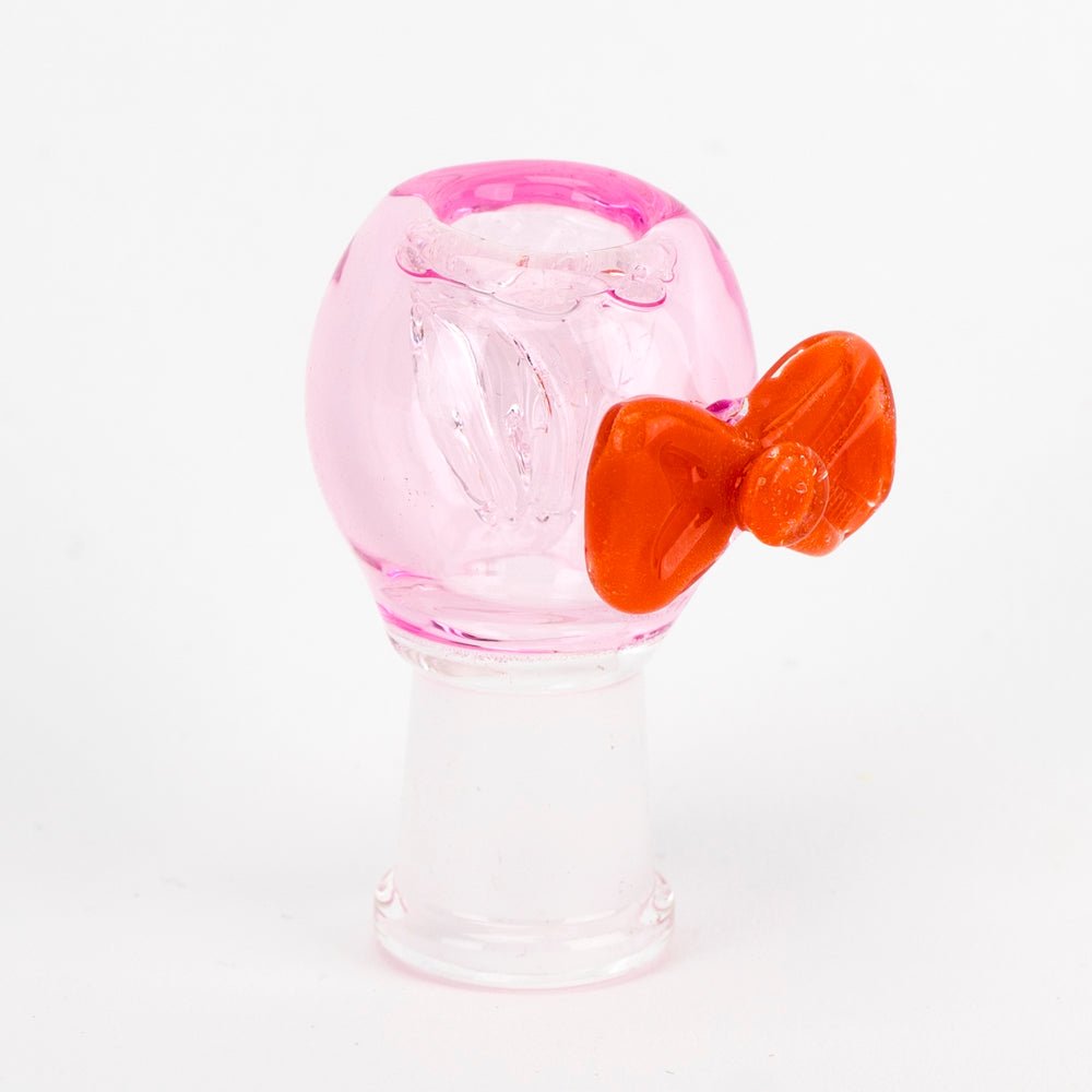 Bow tie glass bowl piece with a soft pink body and bright orange accent