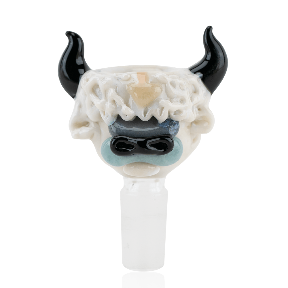 Empire Glassworks Appa Bowl Piece with white glass body, black horns, and blue facial detail