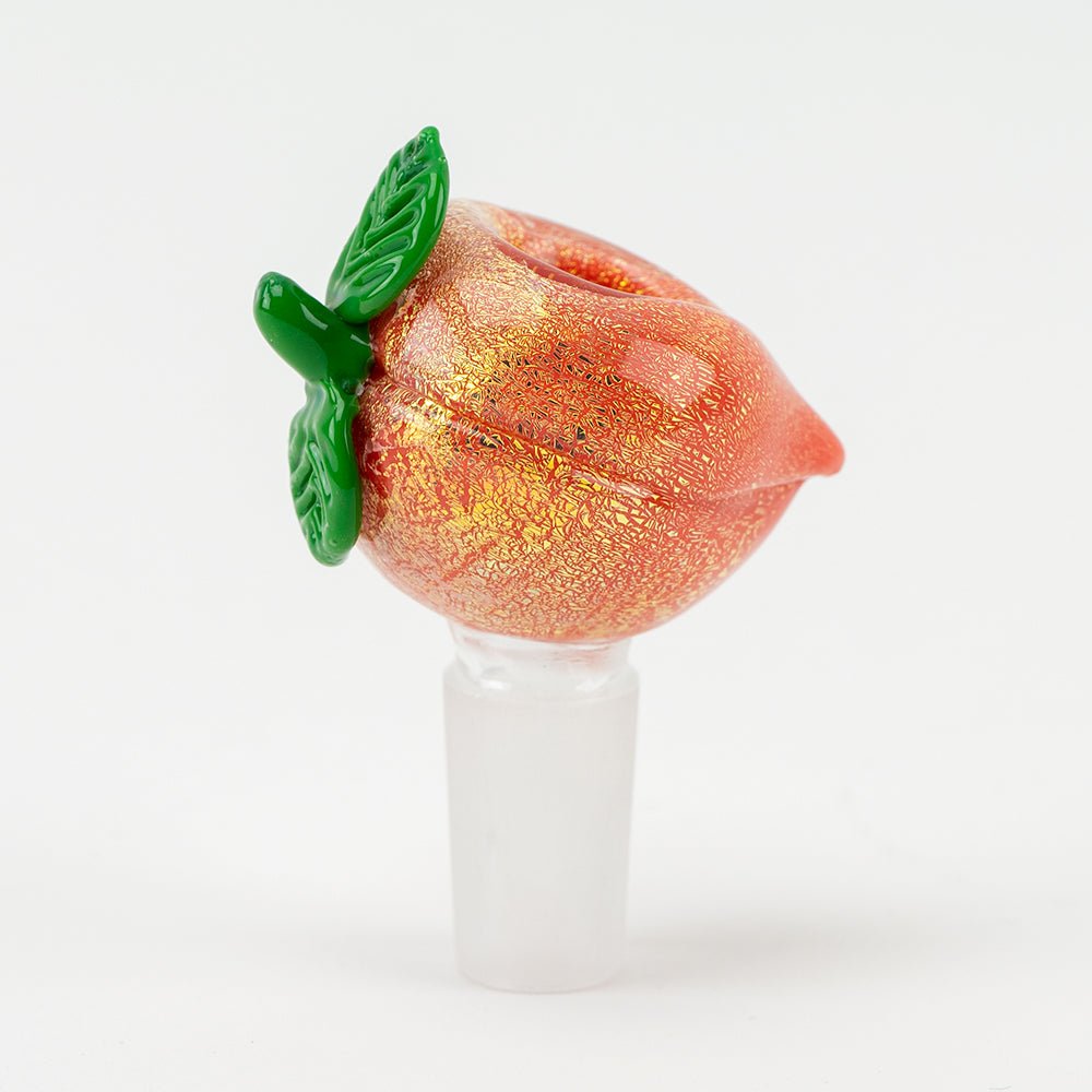 Empire Glassworks Peachy Bowl Piece with sparkling peach glass and green leaf detail