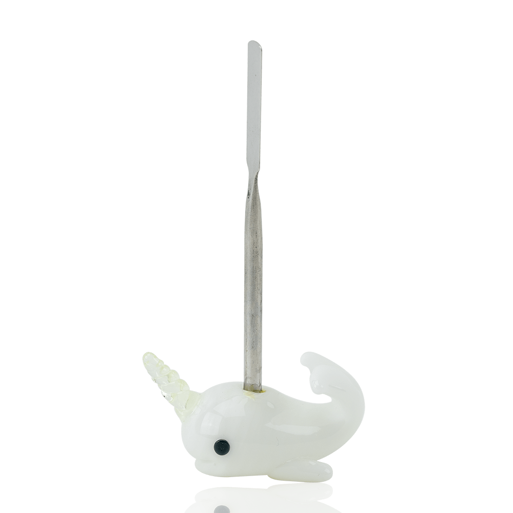 Empire Glassworks Radioactive Narwhal Dabber with white glass narwhal body and metal working end