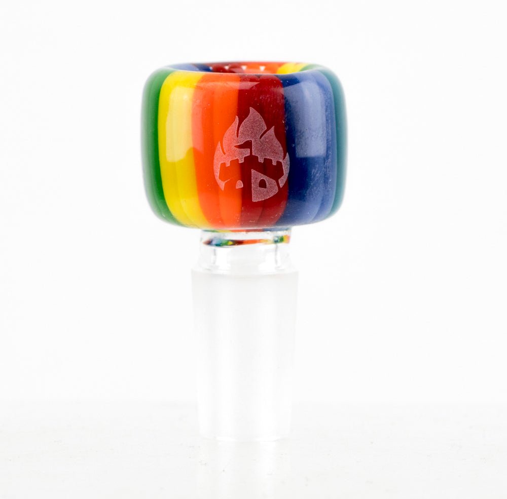 Empire Glassworks Rainbow Bowl Piece with bright vertical color stripes and flame logo