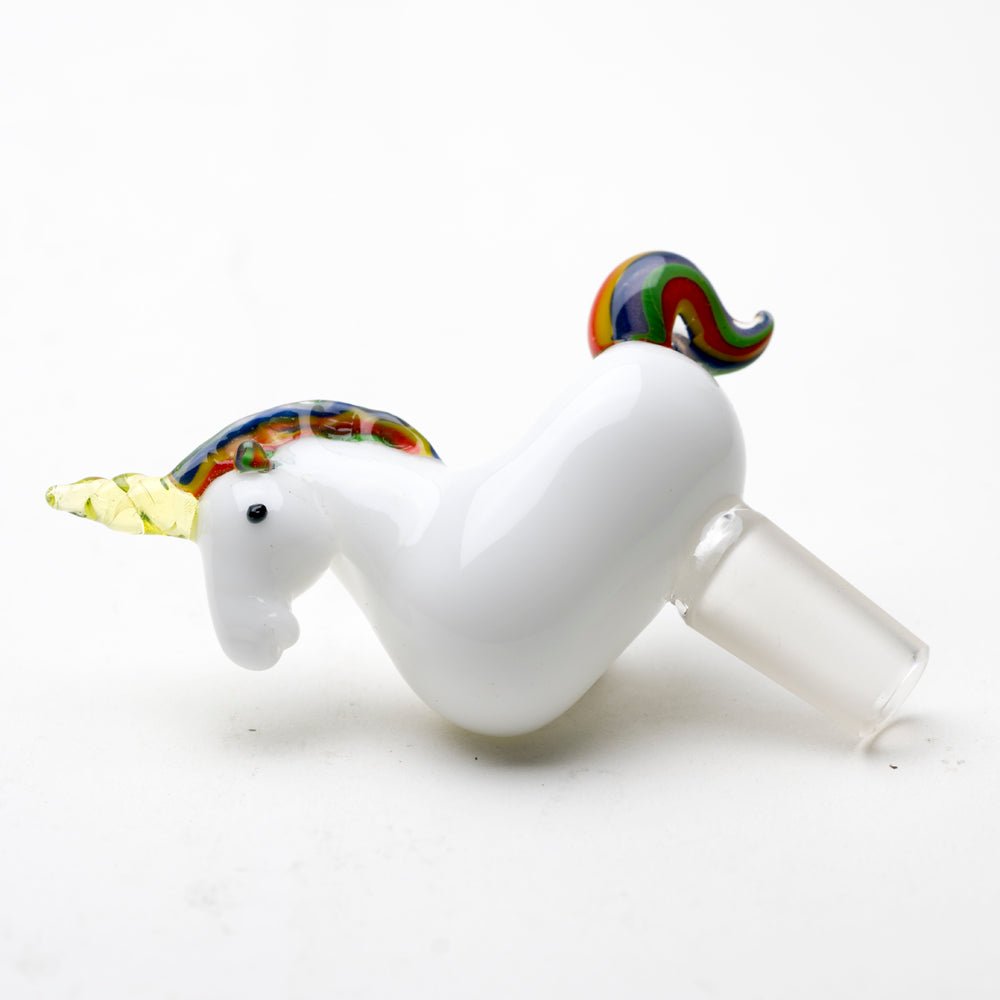 Empire Glassworks UV Reactive Unicorn Bowl Piece with white body and rainbow details