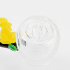 Yellow bird glass bowl piece with clear body and colorful side accent